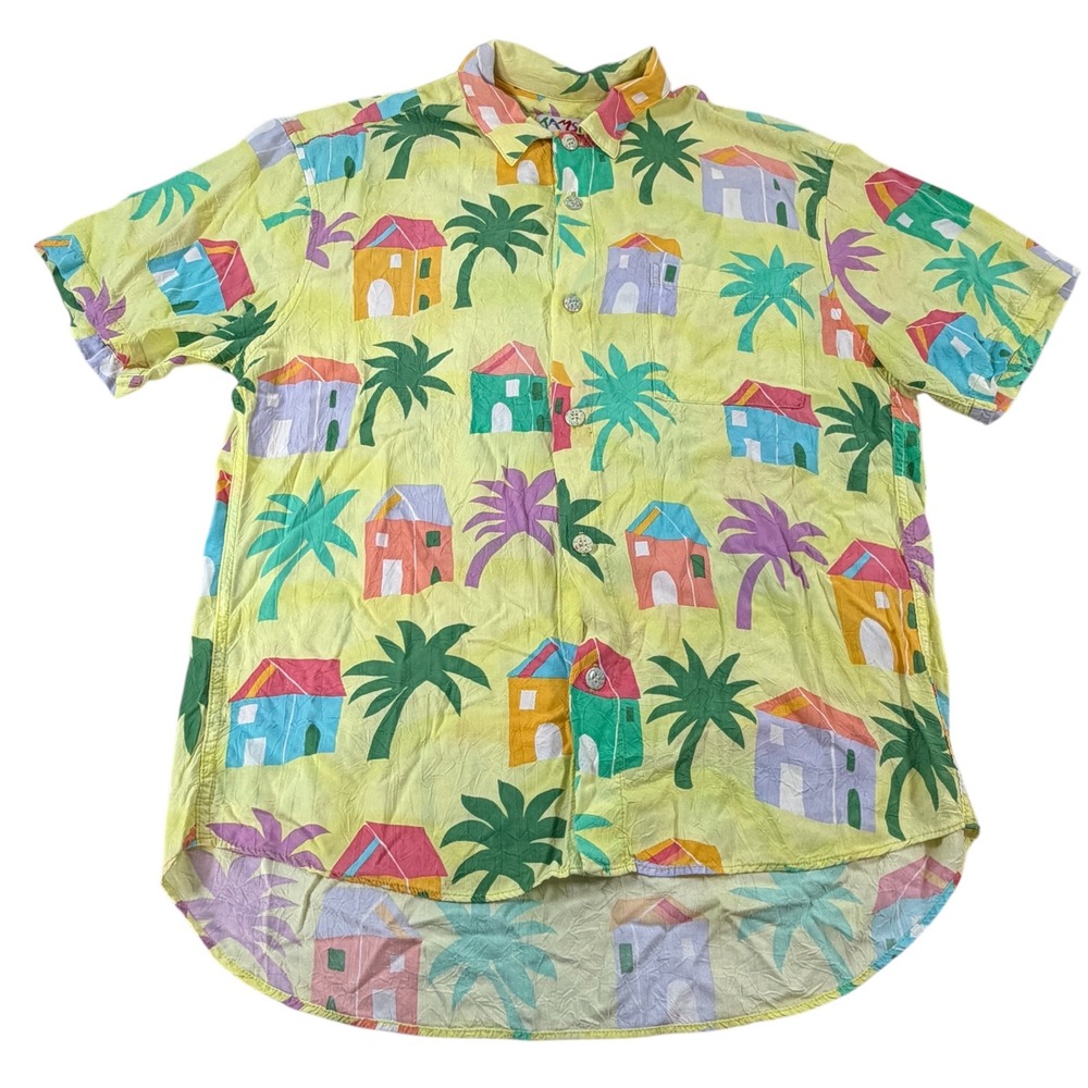 VTG Jams World Men Yellow Tropical Village Rayon Button Front Aloha Shirt Size M